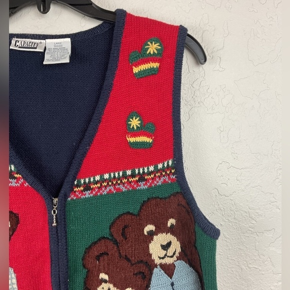 Women’s Vintage Capacity Teddy Bear Zip Up Sweater Vest Size Large Novelty Fun - Picture 3 of 7